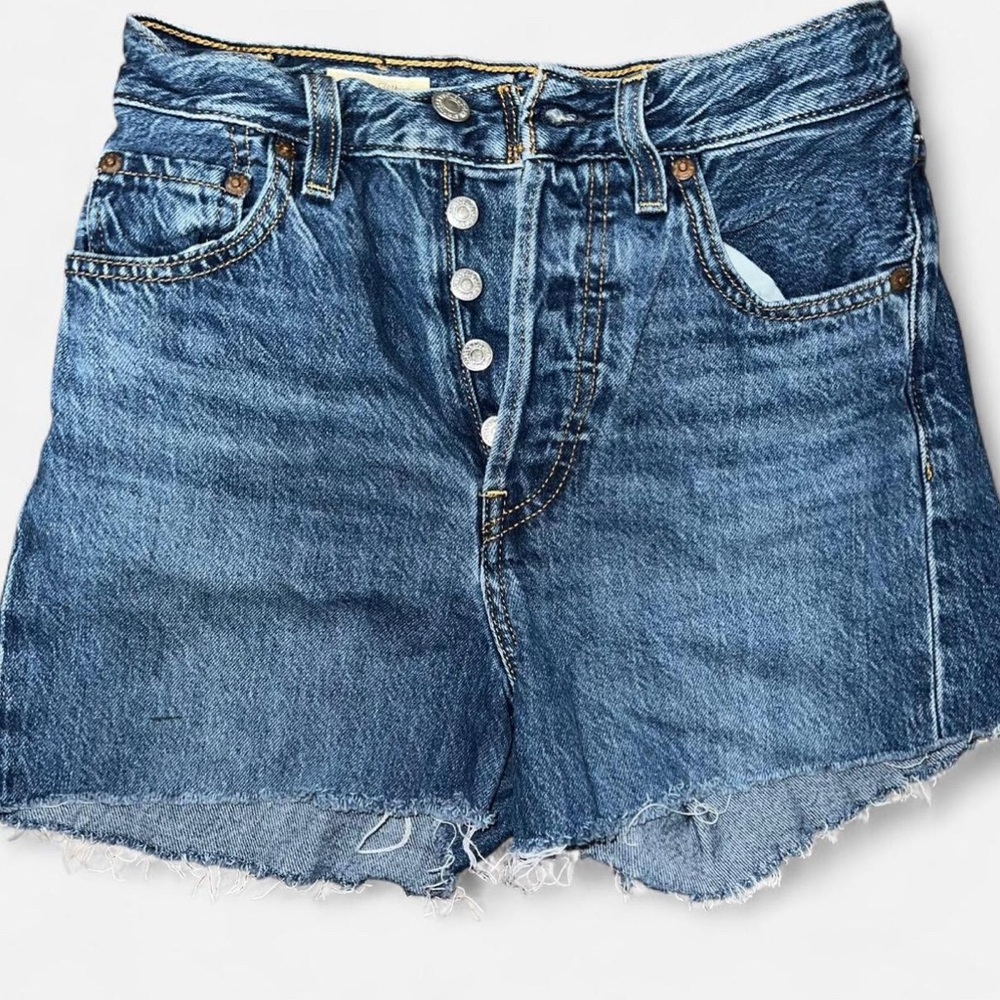 Levis Ribcage Shorts Womens 24 Blue High Rise Button Fly Distressed Denim Cutoff